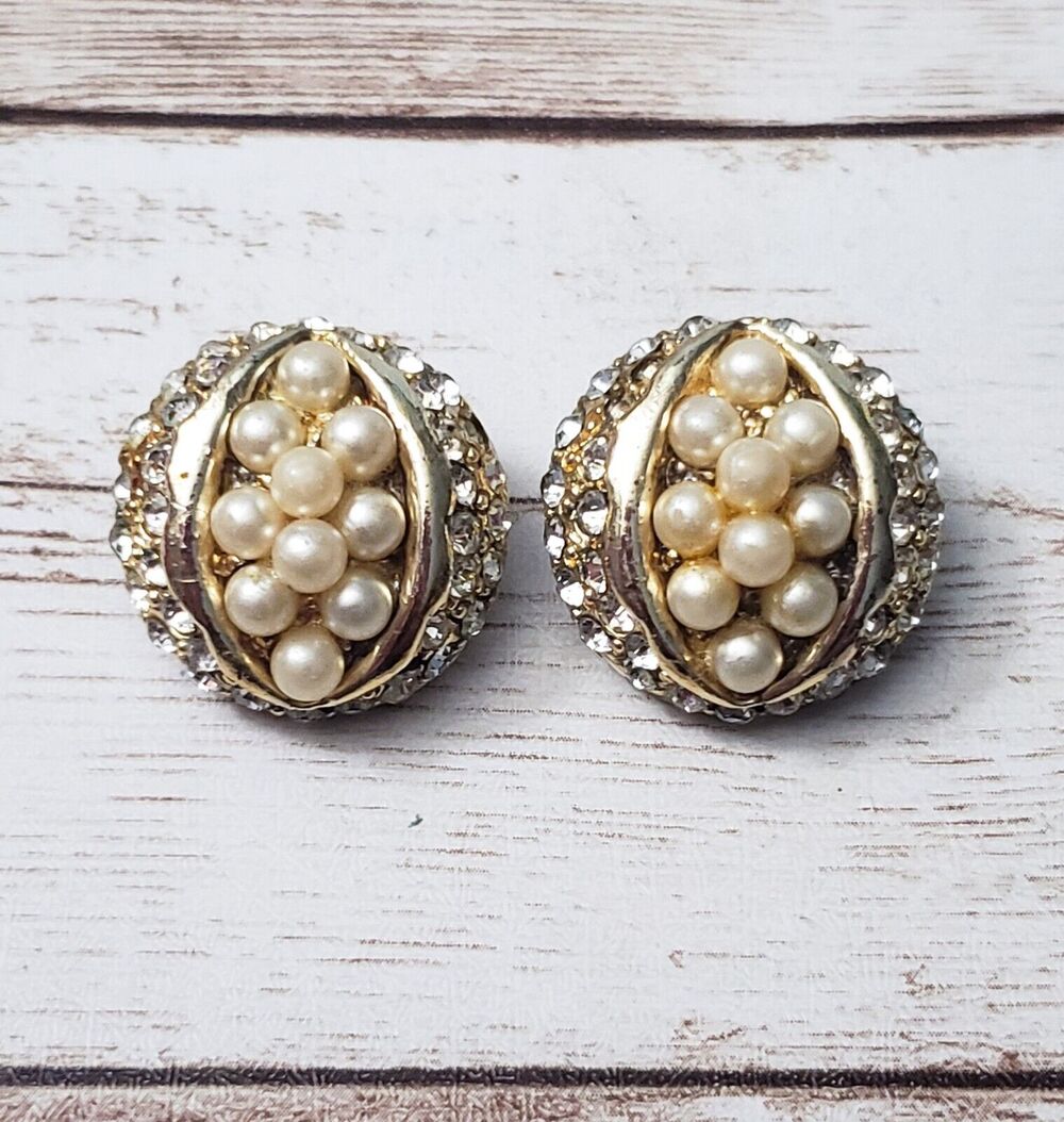 Vintage Clip On Earrings 7/8" Clear Gem, Faux Pearl - Some Missing Gems